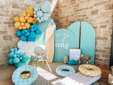 The Big One Surf Backdrop, 1st Birthday Pool Party Theme, Swimming First Birthday Party, Surfs Up Balloon Garland, Surf Birthday Decor, Beachy 1st Birthday, Surfing Birthday Theme, Surf Up Birthday Party, Surf Theme Balloon Garland