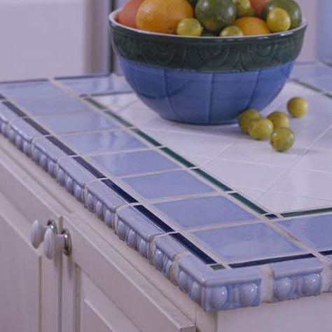 Glass Tiles Kitchen, Tile Countertops Kitchen, Types Of Countertops, Countertop Options, Kitchen Countertop Materials, Countertop Surfaces, Tile Countertops, Tile Kitchen, Laminate Countertops