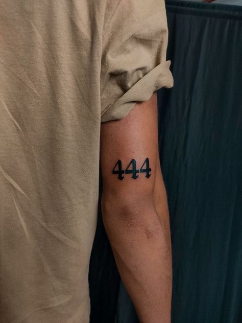 Mens 444 Tattoo, 333 Forearm Tattoo, Men’s 444 Tattoo, Men Angel Number Tattoo, 444 Tattoo Ideas Men, Angel Numbers Tattoo Men, 444 Tattoo Old English Font, One Piece Tattoos For Men, Men Number Tattoo