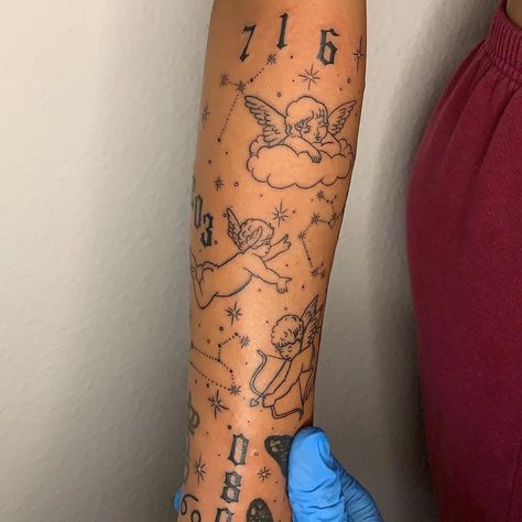 𝖍𝖆𝖑 on Instagram: “cherubs, constellations and angel numbers for lorena ⭐️” Cupid Tattoo Sleeve, Tattoos For Women Sleeve, Pet Portrait Tattoos, Cupid Tattoo, Cherub Tattoo, Portrait Tattoos, Different Artists, Stylist Tattoos, Constellation Tattoos