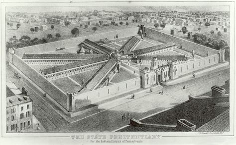 Aerial rendering of Eastern State Penitentiary Philadelphia Architecture, Haunted Prison, Prison Reform, Eastern State Penitentiary, Solitary Confinement, Places In America, Mass Incarceration, Most Haunted Places, Colonial America