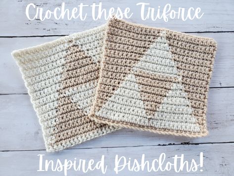 Crochet these Triforce inspired dishcloths for yourself or any fan of Legend of Zelda. Links to a post on my blog with free pattern. Free Crochet Patterns // Legend of Zelda Crochet Ideas // Triforce Crochet // Triforce Dishcloths // Video Game Crochet Ideas #freecrochetpatterns #legendofzeldacrochet #crochettriforce #triforcedishcloth #videocrochetideas Triforce Granny Square, Triforce Crochet Pattern, Zelda Granny Square, Video Game Granny Square, Triforce Pixel Art, Legend Of Zelda Crochet Pattern Free, Legend Of Zelda Crochet Patterns, Zelda Crochet Patterns Free, Triforce Crochet