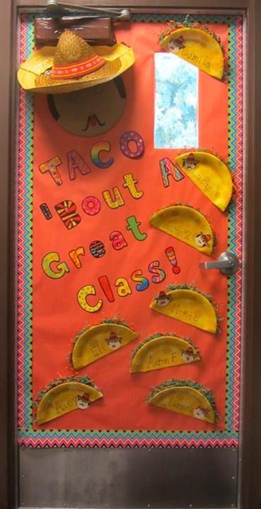 This is the door I did to welcome our class back to school! Yellow Door Decorations Classroom, Welcome For Classroom Door, Cinco De Mayo Door Decorations Classroom, Spanish Classroom Decor, Summer Bulletin Boards, School Door Decorations, Teacher Doors, Preschool Bulletin, School Doors