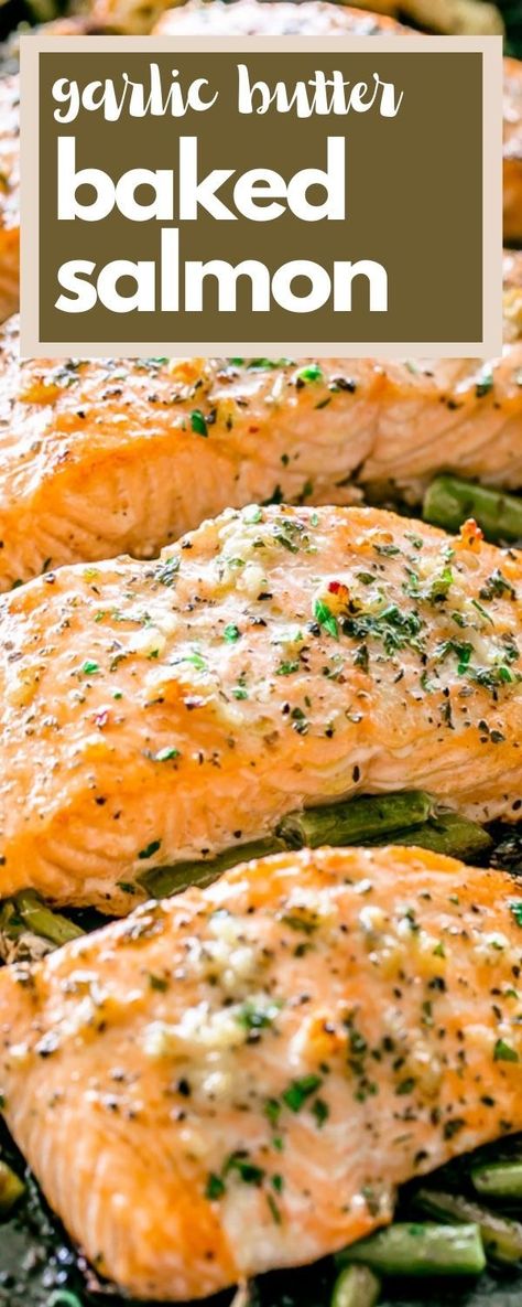 Baked on a sheet pan with your favorite veggies, this easy garlic butter salmon recipe makes tender, flaky salmon brushed with an incredible garlic butter sauce! Salmon Butter Garlic Sauce, Salmon Recipes Baked Garlic Butter, Garlic Parm Salmon, Best Way To Season Salmon, Southern Baked Salmon, Summer Salmon Recipes Healthy, Seasoning Salmon Baked, Baked Salmon With Sauce, Easy Frozen Salmon Recipe