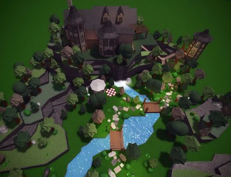 Heavily terraformed forest house in bloxburg Bloxburg Forest House Ideas, Bloxburg Lakeside House, Mountains Bloxburg, Bloxburg Cliffside House, Bloxburg Forest Ideas, Forest House Layout, Bloxburg Mountain House Layout, Bloxburg Garden House, Bloxburg House On A Hill