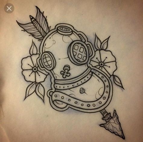 Old Diver Helmet Tattoo, Scuba Helmet Tattoo, Diver Helmet Tattoo, Diver Drawing, Best Traditional Tattoos, Nautical Tattoo Ideas, Scuba Helmet, Traditional Nautical Tattoo, Scuba Tattoo