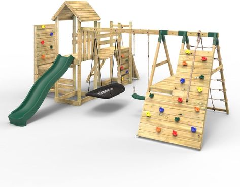 #Affiliate #Someday! Rebo® Children's Double Tower Climbing Frame with Flexible Bridge, Swing & Slide - Montana | Outdoor Toys | Sturdy Wooden Construction, Pressure Treated Timber. My children would absolutely love this. So many options to play and explore, and could have it right at home! Diy Climbing Frame With Slide, Climbing Structures For Kids, Castle Climbing Frame, Toddler Climbing Structure, Kids Climbing Frame, High Deck, Climbing Tower, Rock Climbing Wall, Climbing Frame