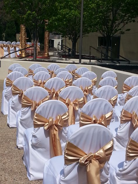 White Classic Chair Covers with Gold Satin Sashes Naming Ceremony, Satin Sash, Gold Satin, Chair Covers, Special Events, Our Wedding, Satin, Gold, White