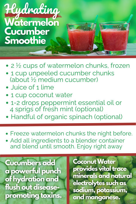 Hot summer days call for cooling, refreshing recipes like this Hydrating Watermelon Cucumber Smoothie. 🍉🥒  The minerals and electrolytes in these ingredients also make this watermelon smoothie with cucumber perfect for a post-workout drink. 💧💪  For more #healthydrink recipes, be sure to check out the link. Hydrating Smoothie, Recipes For Drinks, Cucumber Smoothie, Fruit Vegetable Smoothie, Watermelon Smoothie, Refreshing Recipes, Healthy Drink Recipes, Thug Kitchen, Post Workout Drink