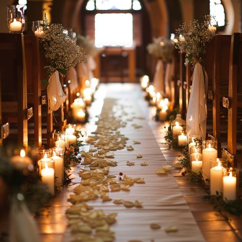 pillar candles and white rose petals line an aisle in a church for a wedding ceremony Beautiful Wedding Aisle, Candlelight Wedding Ceremony, Wedding Aisle Candles, Ceremony Decorations Indoor, Church Aisle Decorations, Candle Light Wedding, Aisle Candles, Pillar Candles Wedding, Wedding Pillars