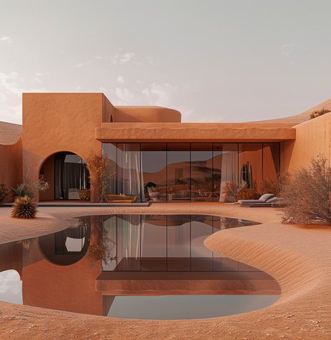 Found peace in this desert villa. The stark beauty of the landscape and the simplicity of the design speak to me. Here, life feels quiet and honest. #DesertVilla #SimpleLiving #PeacefulRetreat #HemingwayVibes #DesertLife #modernarchitecture #interiordesign #slowliving Mideterranean House Aesthetic, Dessert House Design, Desert Architecture Design, Desert House Design, Desert Minimalism, Desert House Plans, Desert Modern House, Arabic House Design, House In The Desert