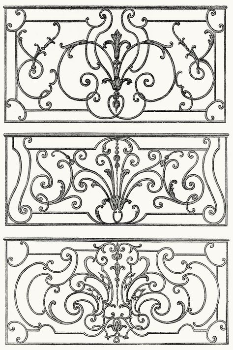 wrought iron balcony decoration.  From Architecture, décoration et ameublement pendant le dix-huitième siècle (Architecture, decoration, and furnitures in the 18th century), by Léon Roger-Milès, Paris, 1900.  (Source: archive.org) Wrought Iron Balcony, Iron Stairs, Iron Balcony Railing, Wrought Iron Stair Railing, Wrought Iron Fence, Architecture Decoration, Paris 1900, Balcony Decoration, Wrought Iron Stairs