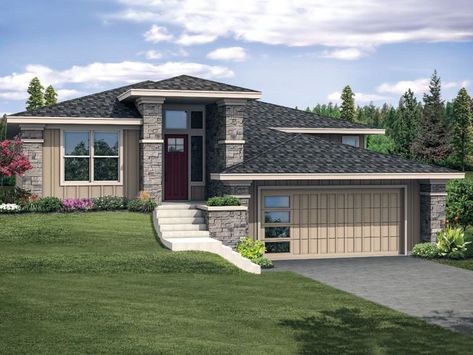 Ranch House Plan, 051H-0277 Prairie Design, Prairie House, Prairie Home, Prairie Style Houses, Hillside House, Split Level House, Stone Columns, Modern Style House Plans, Floor Plan Layout