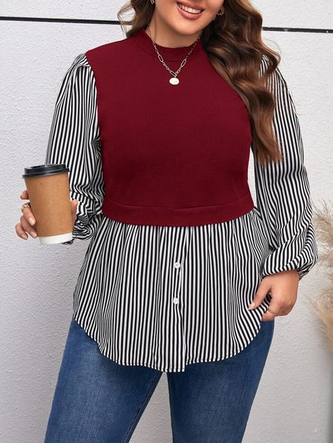 SHEIN Unity Plus Striped Print Lantern Sleeve 2 In 1 Top | SHEIN USA Plus Size Blazer, Round Neck Shirt, Plus Size Kleidung, Lantern Sleeve, Inspiration Mode, Plus Size Blouses, Casual Blouse, Lantern Sleeves, Plus Size Casual