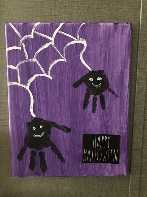 Halloween Paintings On Canvas For Kids, Halloween Finger Paint Ideas, Halloween Paintings On Canvas Easy Kids, Halloween Paintings On Canvas Ideas, Halloween Canvas Paintings For Kids, Paint Spider Web, Halloween Handprint Art, Pumpkin Canvas Painting, Halloween Handprint