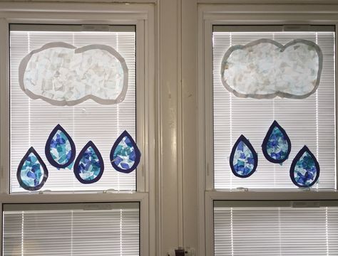 Wax paper and tissue paper rain drop sun catcher Rain Drop Sun Catcher Craft, Rain Crafts, First Grade Crafts, Educational Toddler Activities, Weather Crafts, Water Power, Tissue Paper Crafts, January Crafts, Suncatcher Craft