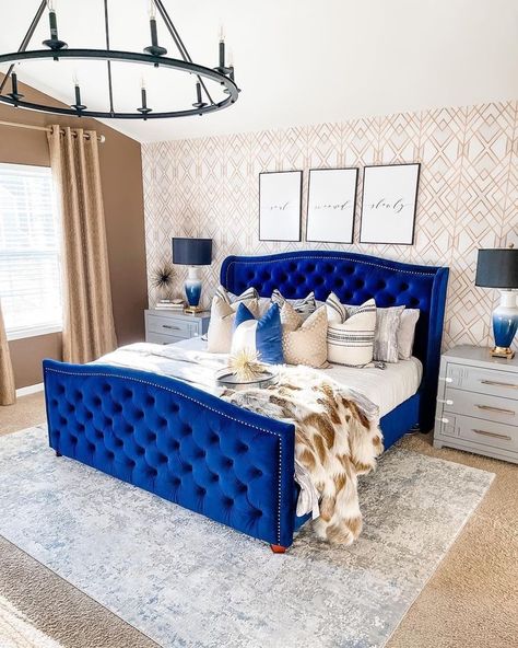 Royal Blue And Gray Bedroom Ideas, Royal Blue And Grey Bedroom Ideas, Bedroom Ideas Royal Blue, Royal Blue Bedroom Ideas For Women, Velvet Blue Bedroom Ideas, Royal Blue Bedroom Ideas For Couples, Royal Blue And Pink Bedroom, Royal Blue And Gold Bedroom Ideas, Blue Bedframe Bedroom Ideas