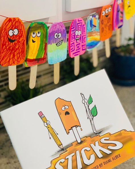 Diane Alber on Instagram: “They look so cute when you string them up together! ❤️❤️❤️ #sticks #scribblestickerart #iteach #elementaryteacher #kidart” Cricut Learning Activities, Sticks Book Activities, Kindergarten Art Stations, Saturday Activities, Diane Alber, Kindergarden Art, Popsicle Art, Author Study, Art Literature