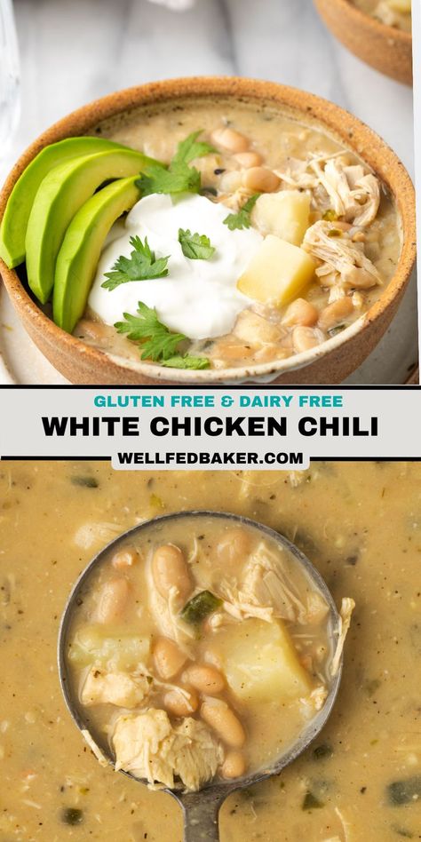 A bowl of white chicken chili topped with sour cream and slices of avocado. Df White Chicken Chili, White Chicken Chili No Dairy, Gluten Free Chicken Soup Recipes, Gluten Free White Chili, Dairy Free Crockpot Meals Chicken, Soup Recipes Gluten Free Dairy Free, Gluten And Dairy Free Soup Recipes, Dairy Free Creamy Soup, Fall Soup Recipes Gluten Free