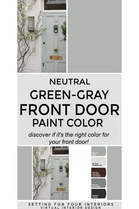 Discover this beautiful green-gray front door color! Learn all about it's undertones, coordinating colors & an exterior color scheme. Evergreen Fog Front Door, Grey House Green Door, Sage Green Front Door, Grey House White Trim, Gray Front Door Colors, Brick Paint Colors, Colours That Go With Grey, Grey Front Door, Green Siding