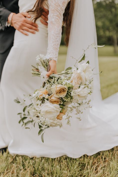 Organic Bridal Bouquet with mix of white, ivory, nude florals with organic local flowers. Green White Brown Wedding Bouquet, Organic Bridal Bouquet, Bar Arrangement, Wedding Bouquet Champagne, Sage Flowers, Bridal Bouquet Bridesmaid, Willow And Sage, Olive Wedding, Green Wedding Flowers