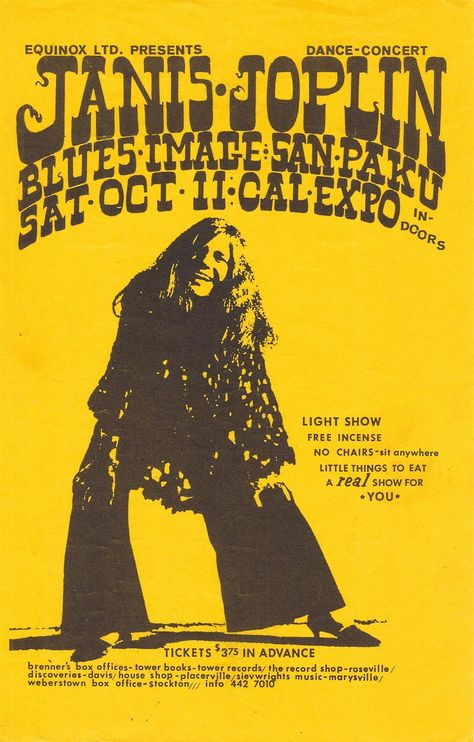 Concert handbill for Janis Joplin and the Kozmic Blues Band at the Cal-Expo Events Building in Sacramento, California on October 11, 1969. Book Tower, Rock Poster Art, Rock & Roll, Vintage Concert Posters, Music Concert Posters, Vintage Music Posters, Music Flyer, Band Poster, Psy Art