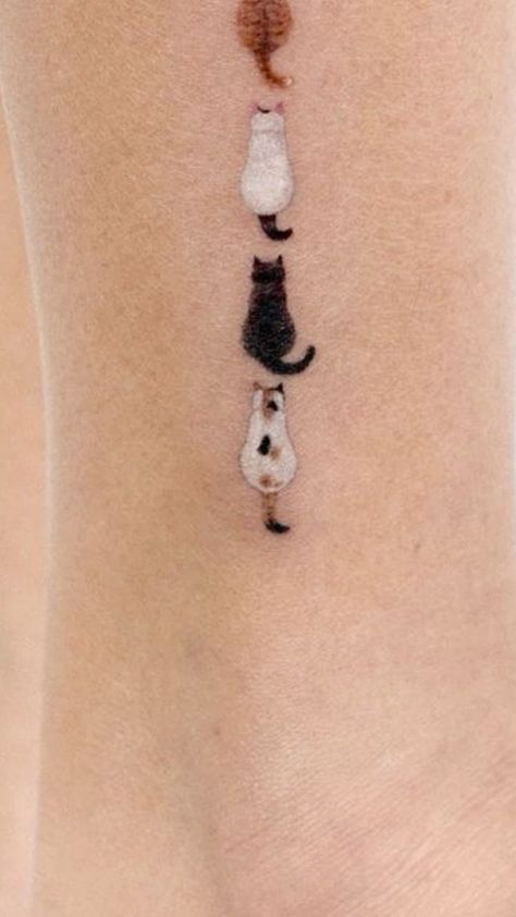 Animal Tattoos Minimalist, Micro Cat Tattoo, Cat Marking Tattoo, Tattoos For Your Cat, Calico Tattoo, Cat Minimalist Tattoo, Grey Cat Tattoo, Calico Cat Tattoo, Cat Remembrance Tattoo