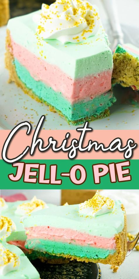 Our easy Christmas Jello Pie recipe can be prepared in 20 minutes and has 3 festive layers of fluffy filling that sit inside a no-cook graham cracker crumb crust. Made with whipped cream, red and green jello, a few drops of food dye, and a homemade buttery graham cracker base, this no-bake jello pie is the best light and creamy dessert to serve after a delightful holiday dinner. Cool Whip Jello Pie, Jello Ideas Desserts, Christmas Jello Desserts, Christmas Pies Easy, Best Christmas Pies, Jello Pies With Cool Whip, Jello Desserts Cool Whip, Jello Pie Recipes, Jello Recipes With Cool Whip