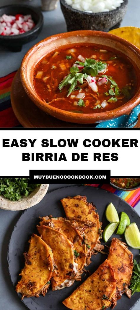 Making Birria de Res at home is an easy way to pump up the flavor for any number of celebrations. Try this trendy authentic Mexican recipe from Muy Bueno Cookbook in your Crock Pot. This recipe can be eaten as either new-world tacos or old-world stew. There is slow-cooked beef and a homemade red sauce. So, you can choose which way you want to serve it! Argentina Recipes Authentic, Slow Cooker Birria, Stew Slow Cooker, Beef Birria Recipe, Recetas Salvadorenas, Recetas Puertorriqueñas, Latin Recipes, Simple Lunch, Mexican Recipe