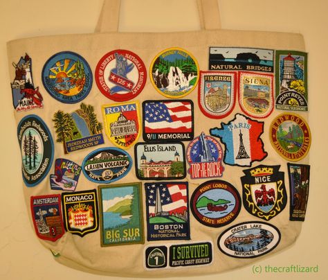 Patches tote bag-- a souvenir collection, 2010-2014. Tote Bag Patches Ideas, Bag With Pins And Patches, Tote Bag With Patches, Bag With Pins Aesthetic, Bag With Patches, Vintage Travel Bag With Leather Patch, Souvenir Patches Ideas, Backpack Inspiration, Patch Bag