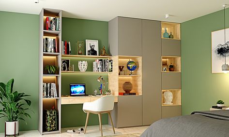 Multi-purpose furniture, study unit with an attached bookshelf elegant design fits the interior theme. Study Table Colour Ideas, Wall Colour For Study Room, Study Room Colour Ideas, Study Room Colour Combination, Study And Bedroom Combined, Grey Study, Multifunctional Furniture Design, Modern Study Rooms, Best Wall Colors