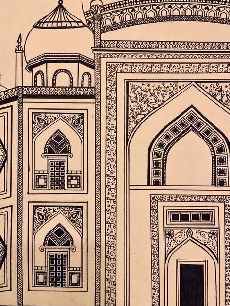 Representação taj mahal Taj Mahal Sketch Architecture, Taj Mahal Architecture Drawing, Travel Doodle Art, Identity Final Piece, Taj Mahal Illustration, Taj Mahal Sketch, Taj Mahal Drawing, Doodle Travel, Taj Mahal Art