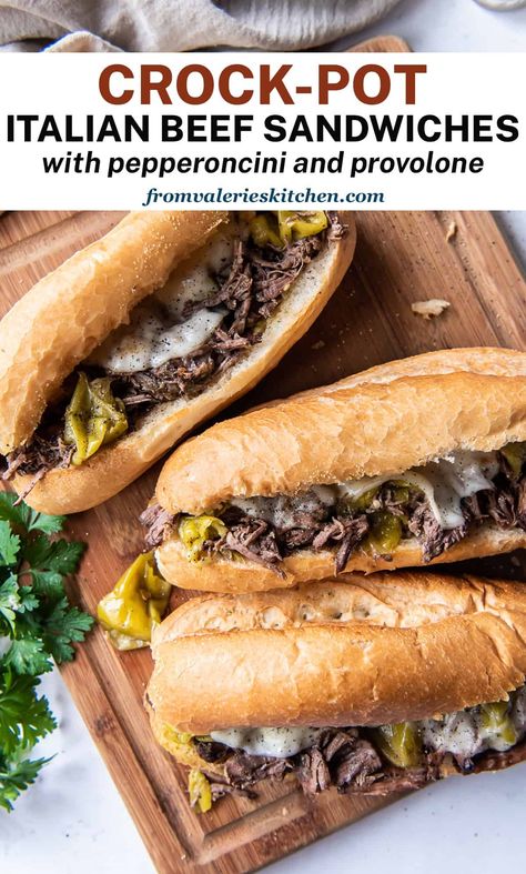 Tender, shredded Italian Beef with pepperoncini loaded on toasty sandwich rolls with melted provolone cheese. With just a few minutes of prep, you can have these comforting Crock-Pot Italian Beef Sandwiches on your menu on even the busiest of days. Dinner Ideas For Parties, Slow Cooker Italian Beef Sandwiches, Italian Beef Crockpot, Italian Beef Recipes, Beef Sandwich Recipes, Slow Cooker Italian, Slow Cooker Italian Beef, Dinner Ideas For Two, Italian Beef Sandwiches