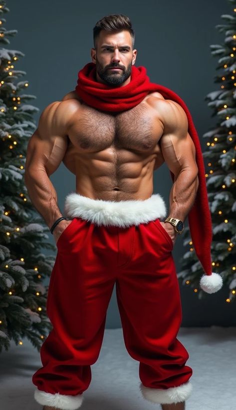 Hot Santa Men, Hot Santa Claus, Masculine Art, Men Bodies, Santa Claus Costume, Muscle Bear, Santa Suits, Heart Pictures, Big Muscles