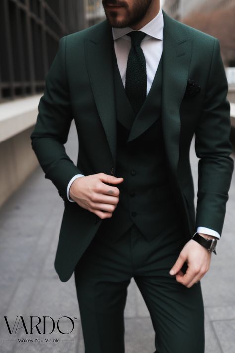 Tuxedo Three Piece For Men, Deep Green Suits For Men, Dark Colored Suits For Men, Dark Green Suit Men Wedding Black Shirt, Dark Tuxedo Wedding, Dark Green Three Piece Suit Men, Suits Design For Men For Wedding, Groom Formal Wedding Attire, Dark Green 3 Piece Suit Men