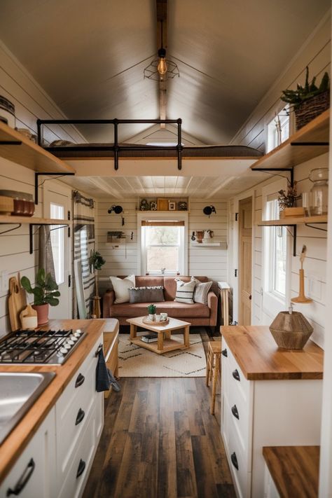 Small Cabin Sleeping Ideas, Mini House Interior Design, Interior Design For Tiny House, Cabin Style Tiny House, Tiny Cabin Interior Ideas, Tiny Homes From Sheds, Tiny Home Kitchen Living Room Combo, Coastal Tiny House Interior Design, Tiny Rustic House