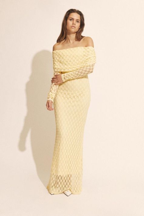 Adoni Off Shoulder Maxi Dress In Canary Yellow Corsets Fashion, Off The Shoulder Maxi Dress, Long Sleeve Cotton Dress, Day To Night Dresses, Off Shoulder Maxi Dress, White Cocktail Dress, Canary Yellow, Guest Dress, Leather Dresses