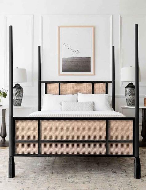 Lulu & Georgia Kaira Bed, Black Small Spaces Decor, Unique Bedroom Furniture, Small Spaces Ideas, Poster Beds, Luxe Bedroom, Bed Black, Apartment Decoration, Cane Furniture, Four Poster Bed