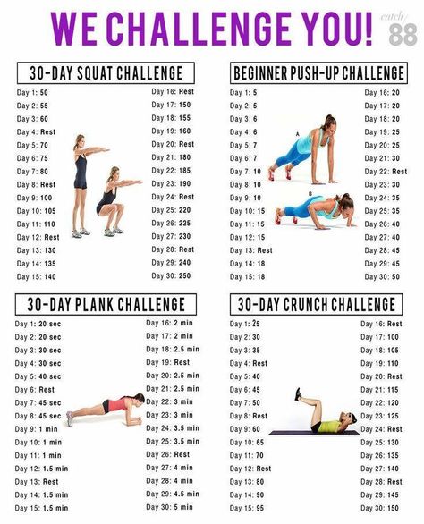 30 day challenge: squats, plank, push-ups, and crunches! 30 Day Squat, Challenge Fitness, Motivasi Diet, Latihan Dada, Squat Challenge, Plank Challenge, 30 Day Fitness, Push Up Challenge, Trening Fitness