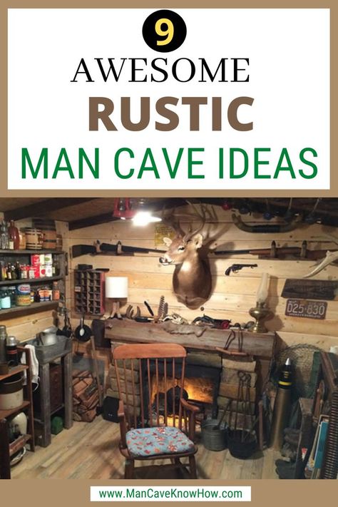 SEE PINS BELOW FOR PRODUCTS & visit website for more. The rest of your home looks as fresh and current as can be, but what about your man cave? Can you give it the kind of rustic makeover you’ve always dreamed of? You bet you can // rustic man cave ideas #rusticmancave #rusticmancaveideas #mancaverustic #mancaverusticideas #affiliate #rusticmancavedecor #rusticmancavegarage #rusticmancaveshed #rusticmancavebasement #rusticmancavebasementdesigns #mancavedesignideas #mancaveideas Outdoorsy Man Cave Ideas, Man Cave In Garage Ideas, Rustic Mancave Ideas, Man Cave Vintage, Hunter Decor Rustic, Rustic Hunting Cabin Interior, Man Cave Paint Ideas, Mens Cave Ideas Room, Western Man Cave