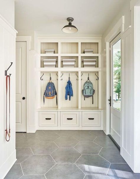 Mudroom Near Kitchen, Backpack Storage Locker, Open Mudroom To Kitchen, New Build Mudroom, Build In Mudroom, Kitchen Mudroom Combo Layout, Mudroom From Garage To House, Mudroom Storage Built In, Built In Shelves Mudroom