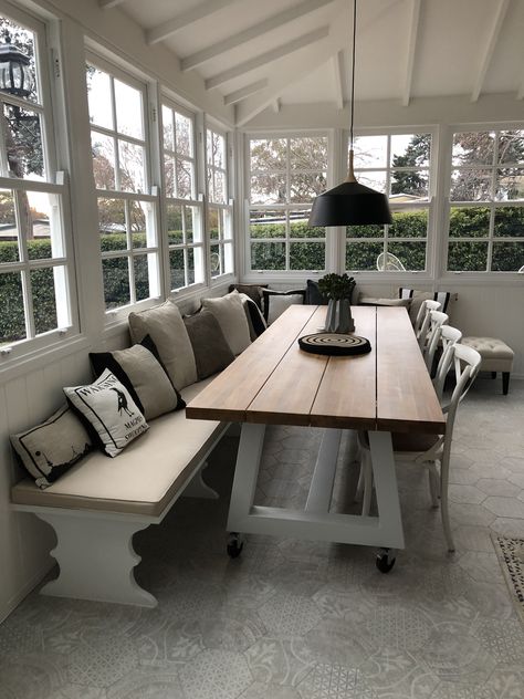 Sunroom With Table And Chairs, Sunroom Dining And Living Room, All Season Dining Room, Sunroom With Kitchen, 4 Season Room Dining, Dinning Room Sunroom, Sun Porch Dining Room, Sunroom Dining Ideas, 4 Season Dining Room Addition