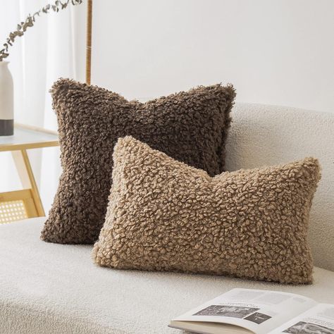 Foindtower Set of 2 Curly Teddy Wool Pillow Covers Decorative Boucle Textured Lumbar Throw Pillow Faux Fur Pillowcases Sheepskin Cushion Case for Sofa Bedroom Car 12"x20" Khaki #CommissionsEarned Japandi Throw Pillows, Brown Cushion, Brown Throw Pillows, Bear Pillow, Fur Pillow, Brown Cushions, Faux Fur Pillow, Fluffy Pillows, Brown Pillows