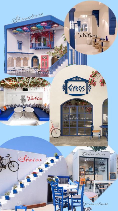 Greek Restaurant Aesthetic, Restaurant Mood Board, Greece Restaurant, Greek Cafe, Dream Cafe, Grazing Board, Aesthetic Cafe, Greek Restaurants, Juice Bar