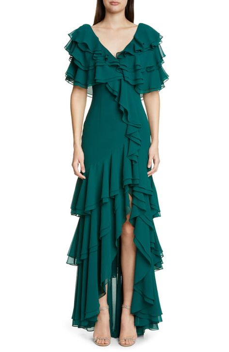 Evening Gowns Online, Organza Gown, Green Formal Dresses, Badgley Mischka Dress, Organza Gowns, Ruffle Gown, 파티 드레스, Edwardian Dress, Formal Dresses For Women