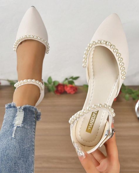 Pearl Decor, Bridal Shoes Flats, Women Flats, Breathable Shoes, White Flats, White Collar, Bridal Shoes, Womens Flats, Wedding Shoes