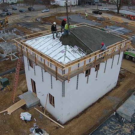 DJI00388 Icf Home, Gable Roof Design, Insulated Concrete Forms, Front Yard Landscaping Pictures, Storm Shelter, Concrete Houses, Front Yard Landscaping Diy, Ideas Front Yard Landscaping, Roof Construction