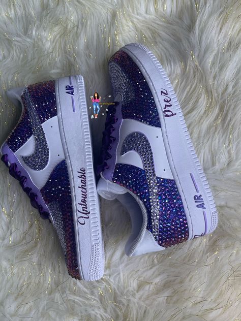 Bling Air force 1 are perfect for weddings, proms, homecomings, birthdays, special events or just your everyday girly girl. These pair are sure to turn heads with all the sparkle and shine.  These are hand painted then high-quality rhinestones are applied by hand. PLEASE BE SURE OF YOUR SIZE BEFORE PLACING ORDER, DUE TO ITEM BEING CUSTOM AND MADE TO ORDER I DO NOT ACCEPT ANY REFUNDS NOR EXCHANGES IF YOU'RE NEED BY DATE IS CLOSE, PLEASE SEND ME A MESSAGE 1ST BEFORE PLACING ORDER TO MAKE SURE I AM Bling Air Force 1, Custom Forces, Bedazzled Shoes, Casual Shoes Women Sneakers, Nike Shoes Women Fashion, Bling Converse, Pretty Sneakers, Diy Sneakers