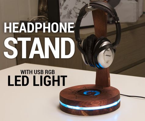 USB Headphone Stand With RGB LED Lighting Headphone Stand Diy, Diy Headphone Stand, Diy Headphones, Headset Stand, Headphone Stand, Dark Wood Stain, Headphone Stands, Hook Hanger, Led Controller