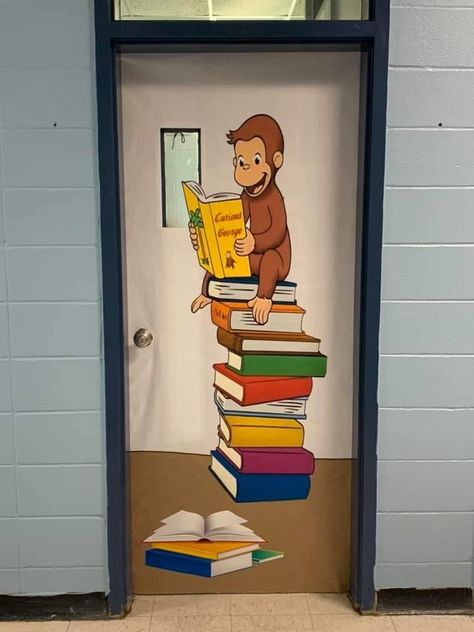 Curious George book classroom door decoration Door Decorating Book Theme, Book Character Decorations Classroom, Curious George Bulletin Board Ideas, Curious George Classroom Theme, Book Theme Classroom Door, Book Themed Classroom Doors, Classroom Door Book Theme, Book Door Decorations Classroom, Book Classroom Door